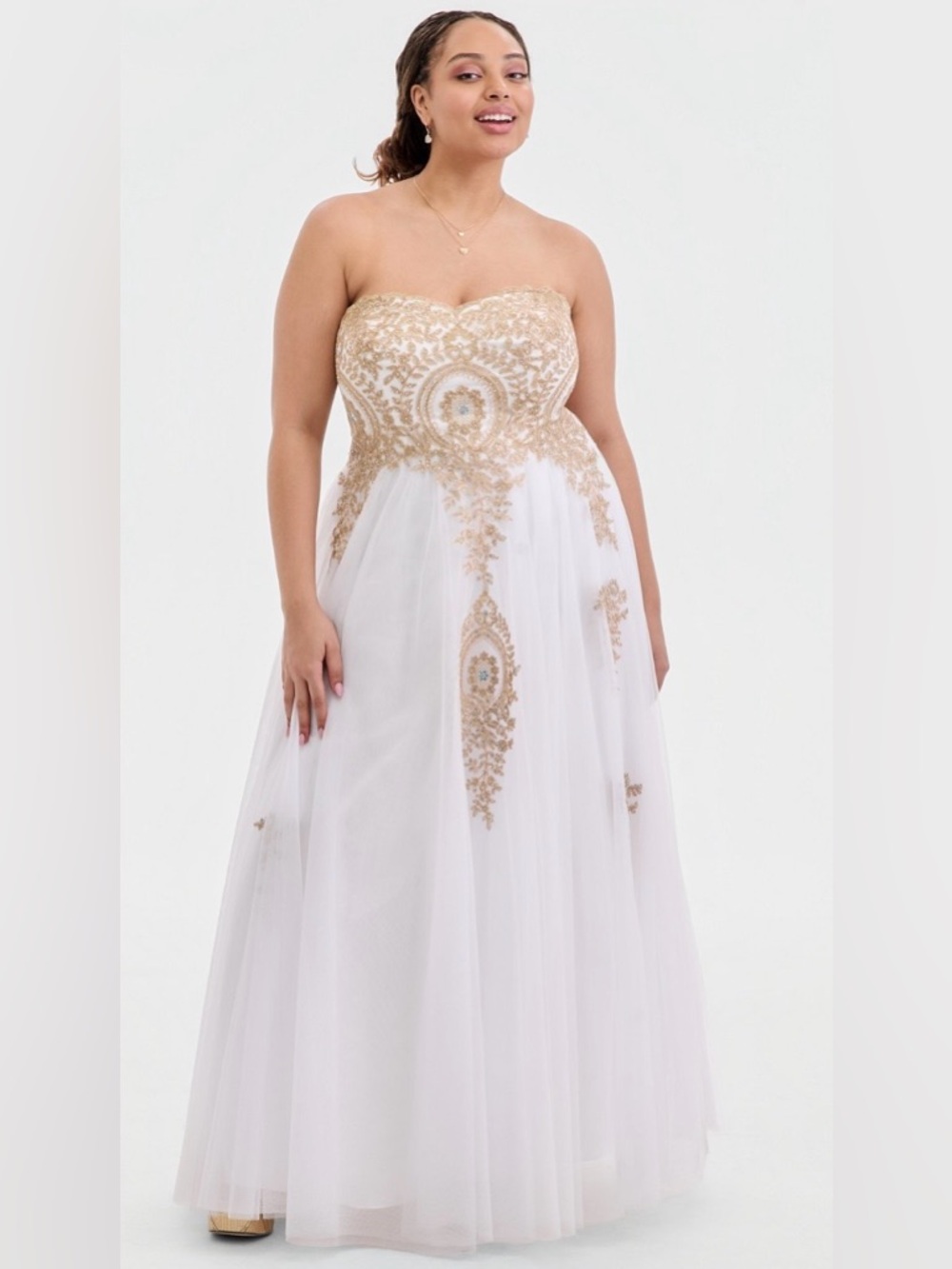 Strapless White Maxi Dress with Gold Embroidered Bodice